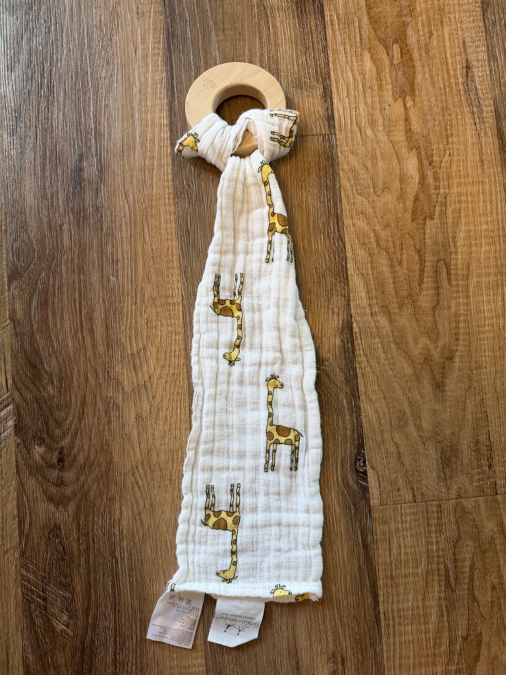 aden + anais Cream and Yellow Giraffe Muslin Lovey with wood circle